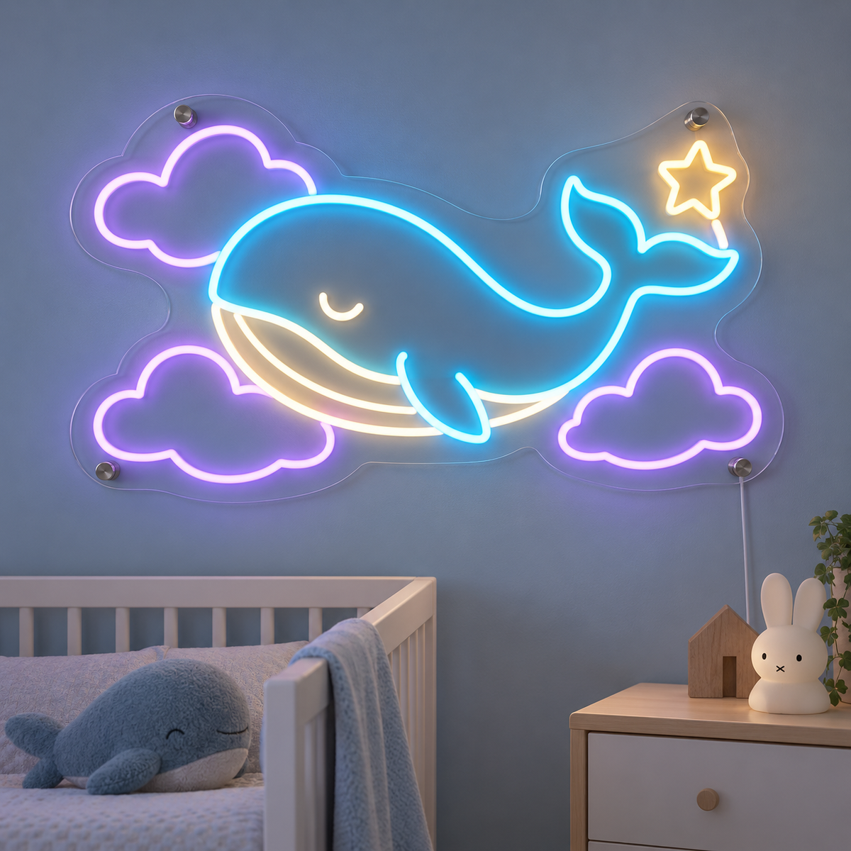 Cloud Whale – LED-neonskilt med hval, skyer og stjerne