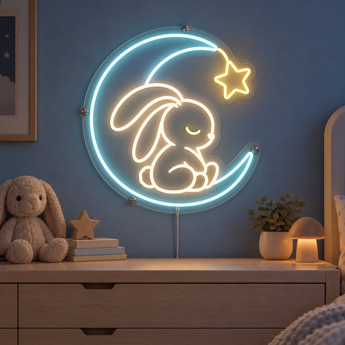 Moon Bunny – LED-neonskilt med kanin og måne til barnerom