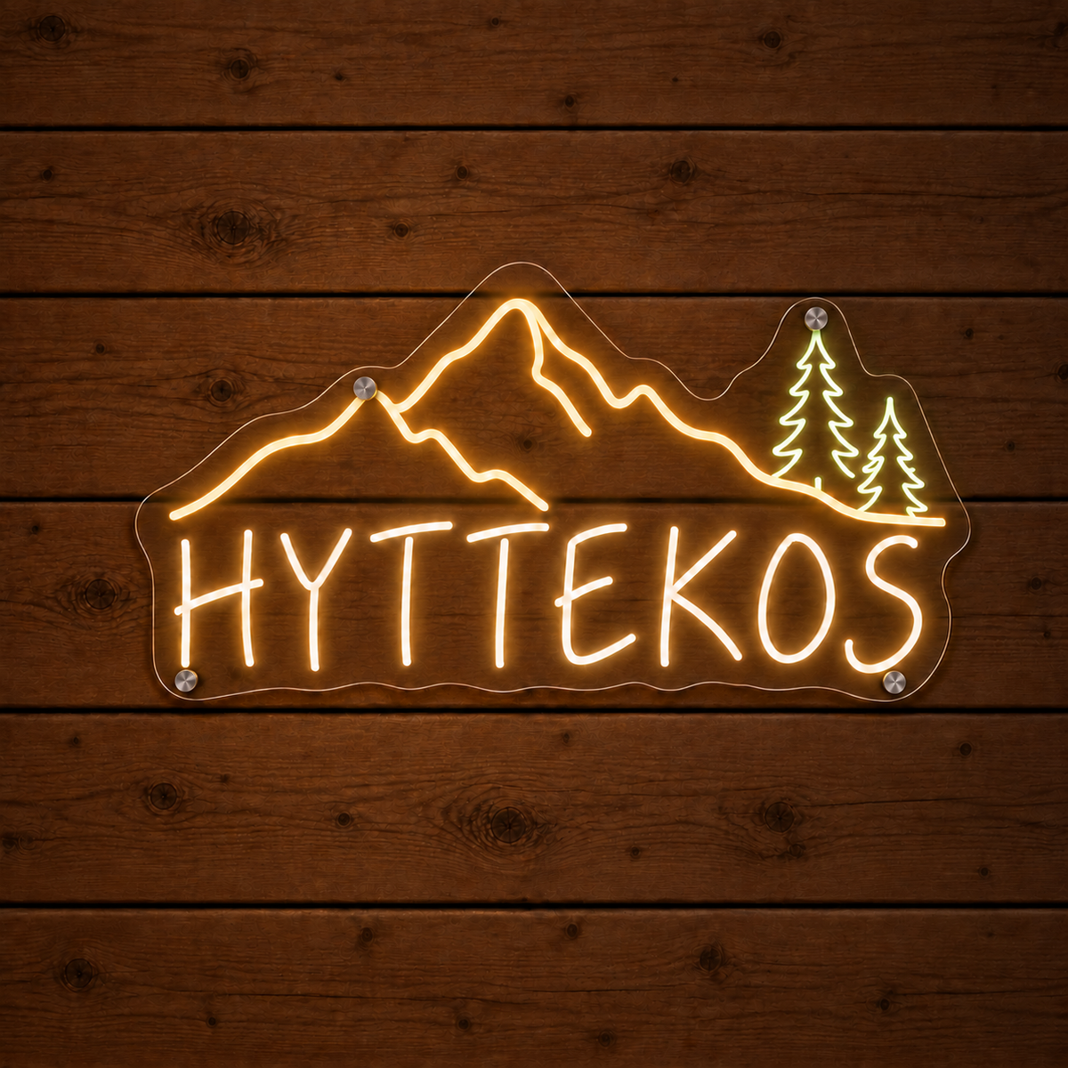 Hyttekos – LED-neonskilt med fjell og grantrær
